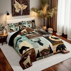 3-Piece Hunting Forest Animal Duvet Cover Set, Rustic Bear, Deer, and Wolf Bedding Set, Breathable Wildlife Country Cabin Bedding Set, Soft and Comfortable Camping Mountain Duvet Cover - Ideal for Bedroom Home Farmhouse Decor.