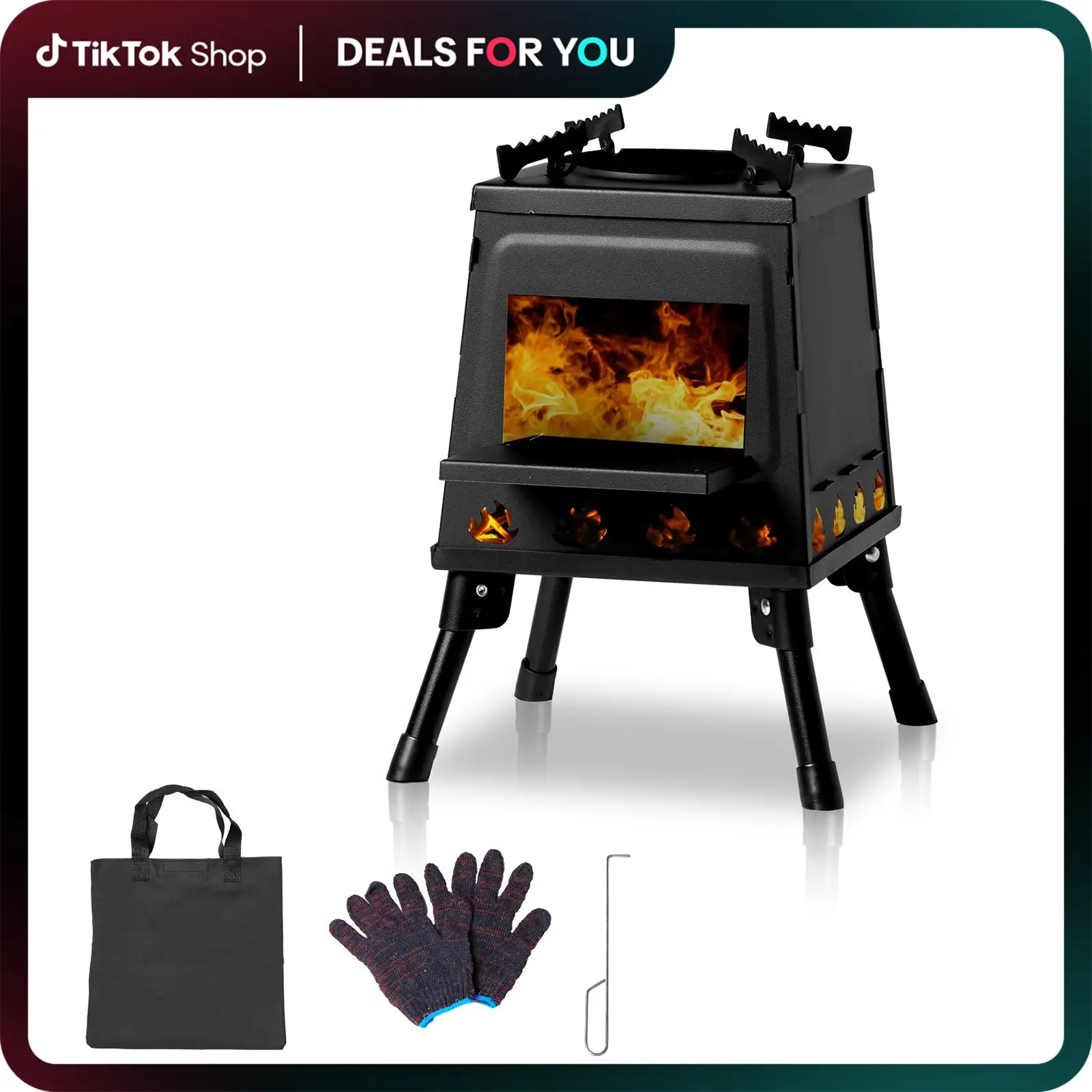 Wood Burning Camp Stove, Portable Camping Wood Stove, Black Woodstove with Carrying Case for Backpacking Outdoor Cooking