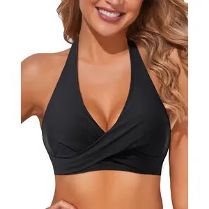 Holipick Women Halter Bikini Top Push Up Bathing Suit Top V Neck Full Coverage Swimsuit Top Only