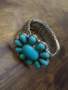 Western Turquoise-Style Flower Cuff Bracelet Silver Cowgirl Statement Jewelry