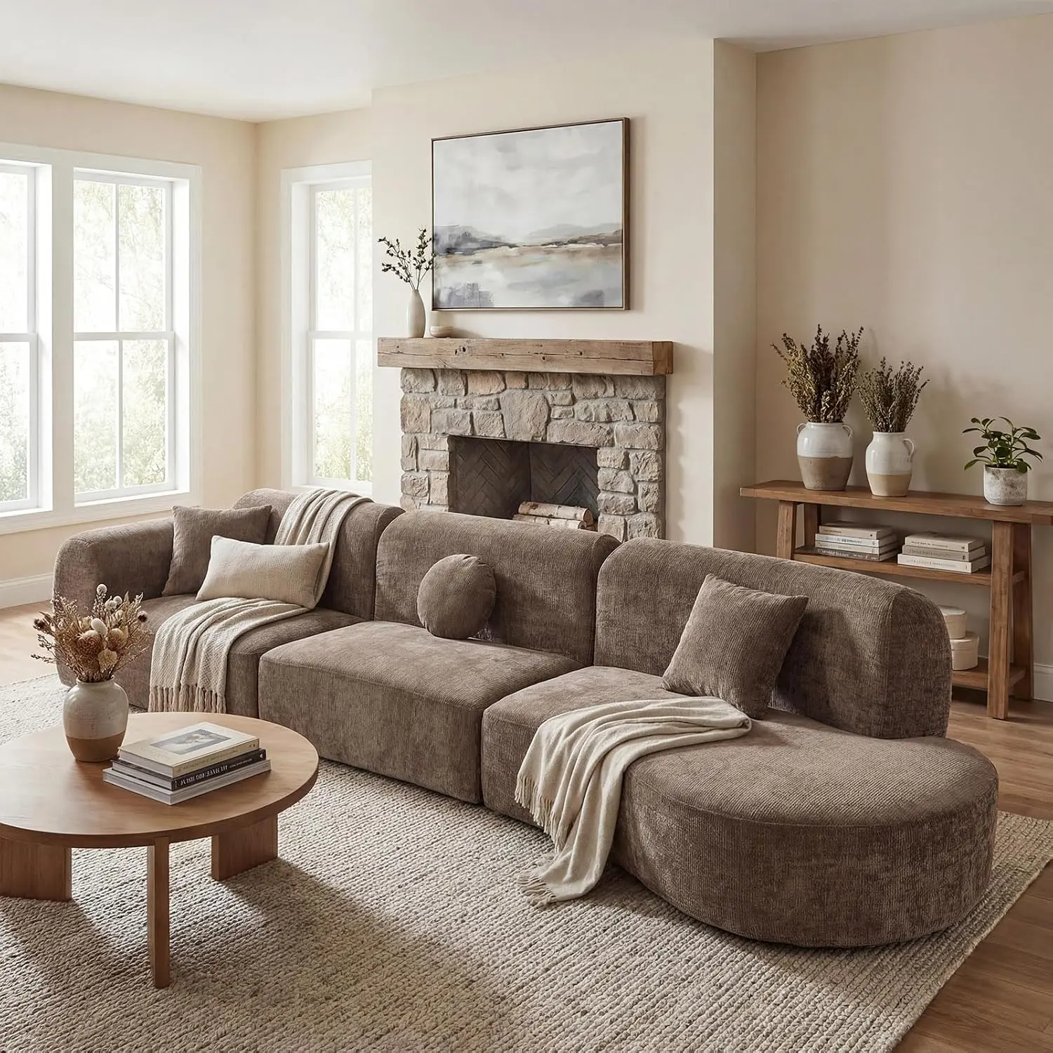 140" Brown Modular Sectional Couch Set - 3-Piece Oversized Modern Right-Hand Facing Chenille Sofas with Fixed Arms, Body-Conform Memory Foam & Polyurethane Foam Fill, Curved Chaise Lounge, Pre-Assembled, 140.00"L x 33.20"W x 31.00"H for Living Room
