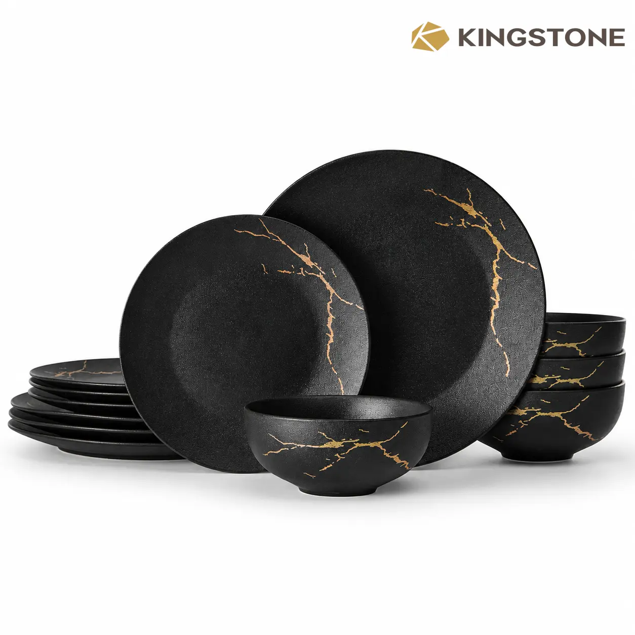 KINGSTONE Ceramic Porcelain Dinnerware Set - Gilded Noir Collection, Hammered Texture - Shatter-Resistant, Microwave-Dishwasher-Oven Safe Tableware for Daily Use, Wedding Banquet Gifting, Shatter-Resistant Dinner Sets, Casual Dinner Sets, Model 11501