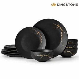 KINGSTONE Porcelain Dinnerware Set, Gold Crackle Design, Scratch-Resistant Plates and Bowls, Ideal for Wedding Parties and Daily Use, Model 11501