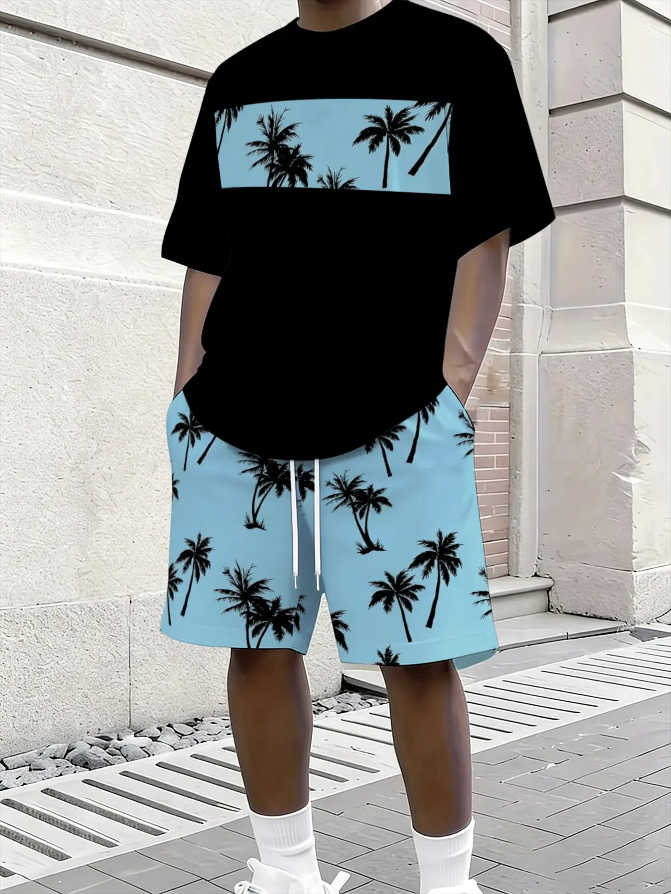 Men's Summer Tropical Outdoor Casual Matching Two-Piece Set, Summer Outfits Set, Menswear, Geometric Print Round Neck Short Sleeve T-Shirt & Drawstring Pocket Shorts, Micro Stretch Knit Fabric