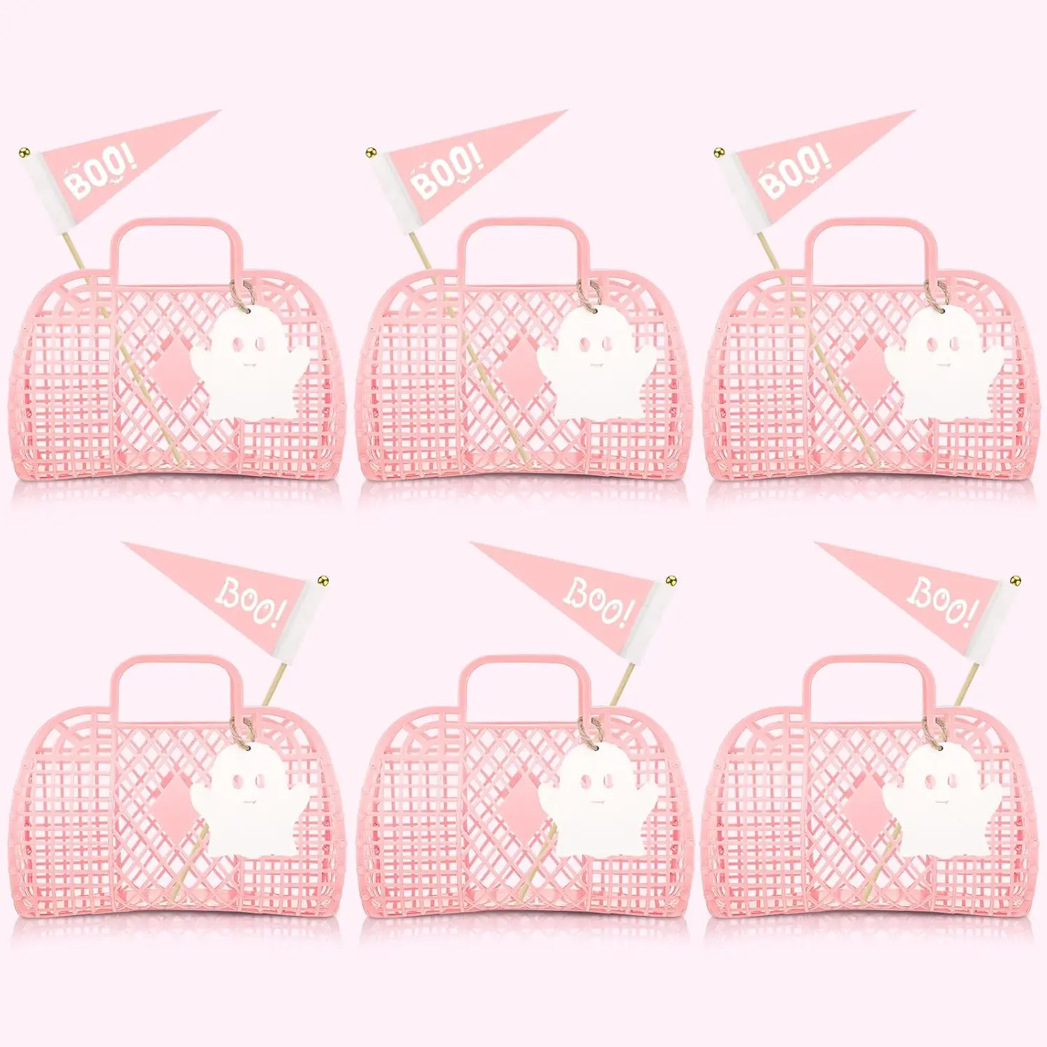 6 Pcs Lightweight Pink Plastic Halloween Trick-or-Treat Buckets, Spooky Ghost Boo Jelly Tote Bags with Handles, Bamboo-Accent Goodie Candy Gift Baskets for Halloween Party Decoration Supplies