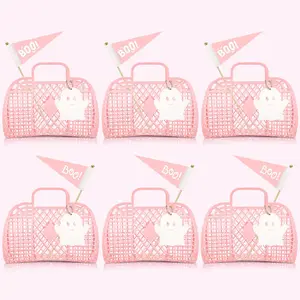 6 Pcs Pink Halloween Trick or Treat Bucket Cute Ghost Boo Jelly Goodie Candy Gift Basket Tote Bag Bulk with Handle for Halloween Party Decor Supplies
