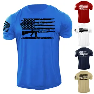 Men's USA Gun Flag AR15 Rifle T Shirt 100% Cotton Distressed Tee Menswear Top