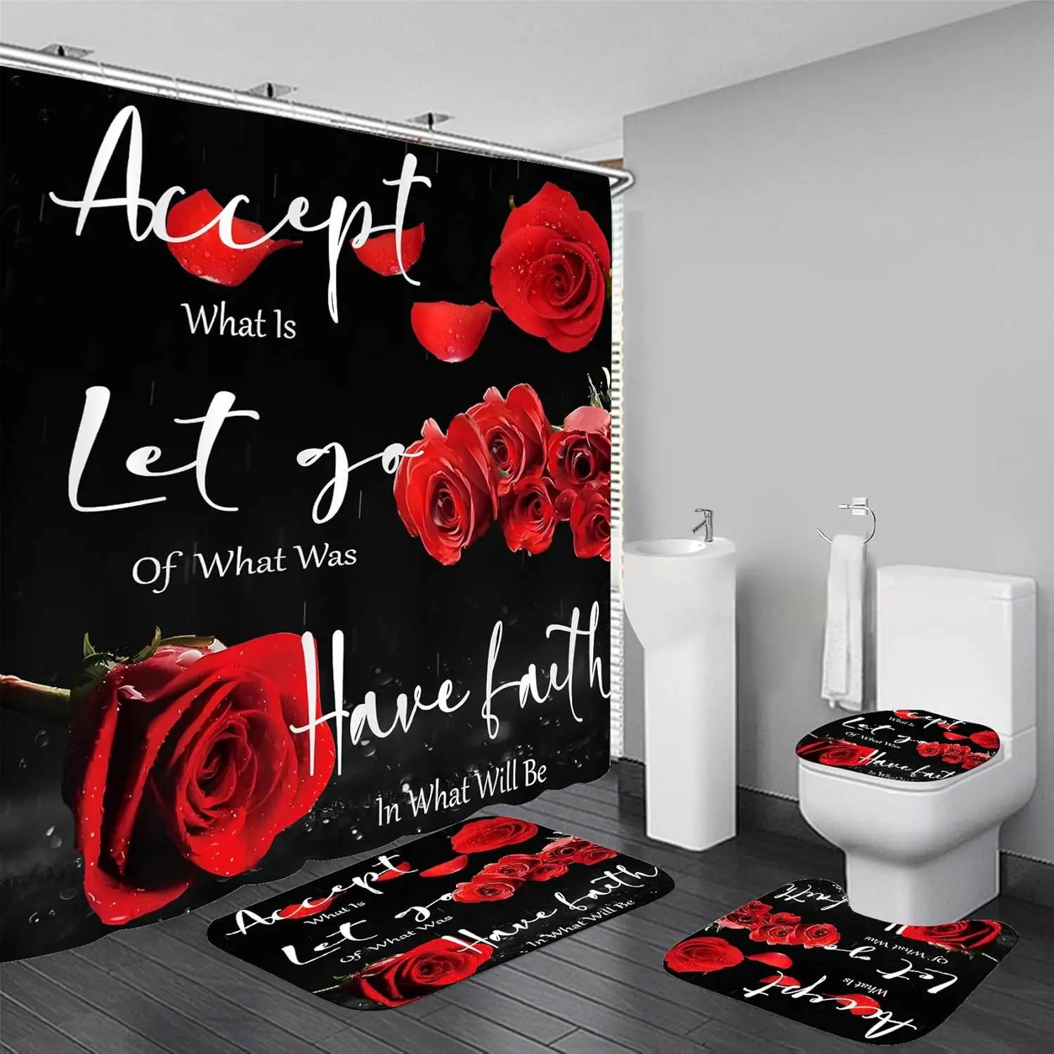 1/4 Pcs Red Rose Shower Curtain Sets with Rugs Black Blessed Bathroom Sets with Shower Curtain and Rugs Bathroom Curtains Shower Set with Toilet Lid Cover for Women Bathroom Decor Accessories