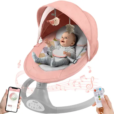 COMOMY Electric Newborn Baby Swing Cradle Rocker Bouncer - Stable Swing Nursery Item for 0-6 Months (Max 20 Lbs), Hands-Free Soother, 5 Sway Speeds, Remote Control, AC Adapter, 10 Preset Melodies, Bluetooth, Compact, Portable, Mother's Day Gift