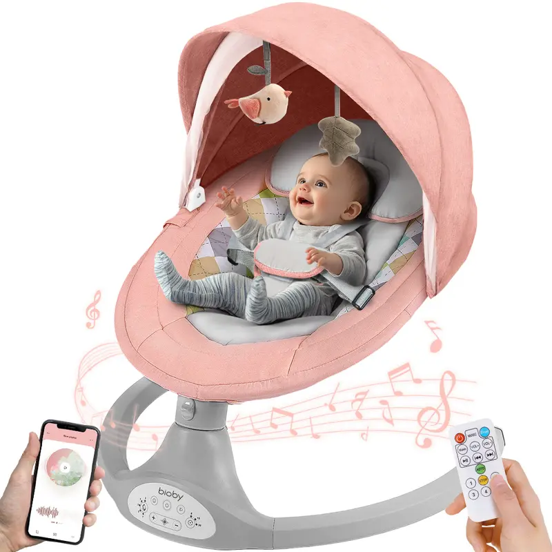 COMOMY Electric Newborn Baby Swing Cradle Rocker Bouncer - Stable Swing Nursery Item for 0-6 Months (Max 20 Lbs), Hands-Free Soother, 5 Sway Speeds, Remote Control, AC Adapter, 10 Preset Melodies, Bluetooth, Compact, Portable, Mother's Day Gift