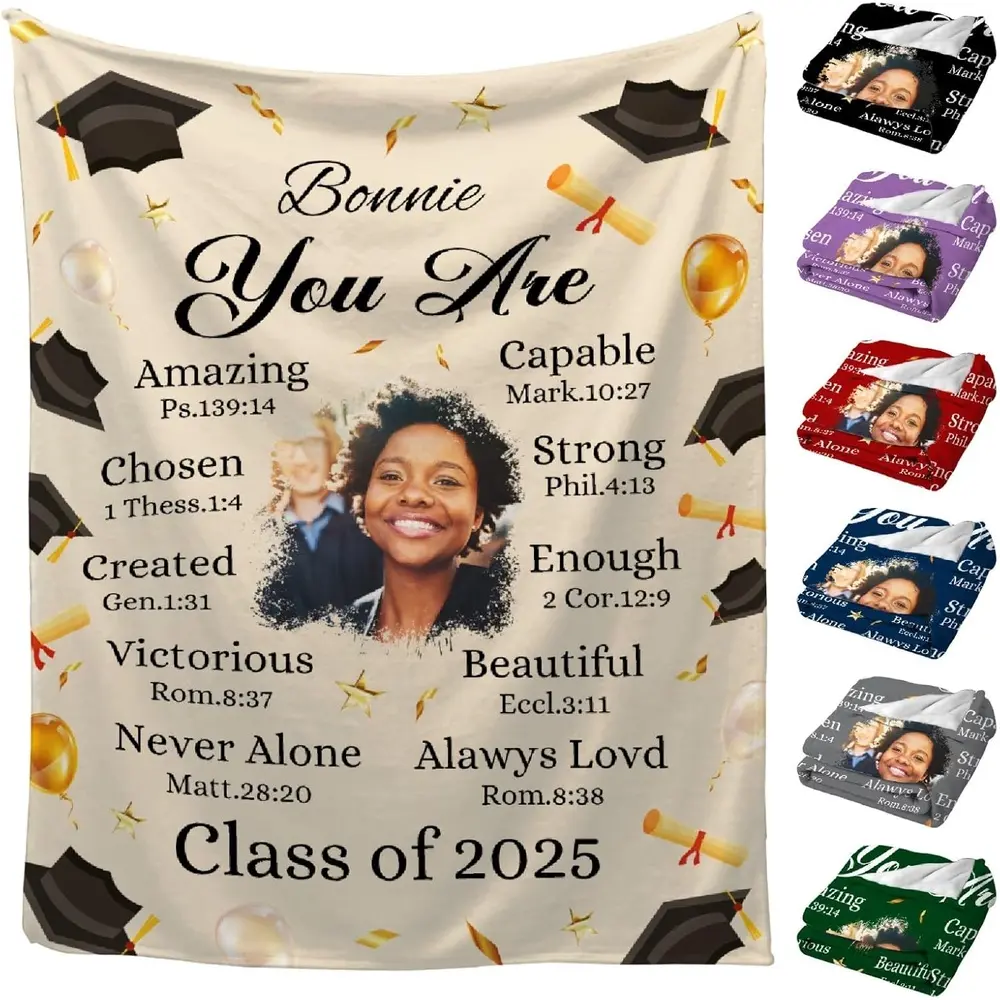 Personalized Photo & Name Graduation Throw Blanket - 60in*80in, Wrinkle Resistant, Custom Class of 2025 Senior Gift for Graduates, Personalized Gifts for Backpacking Use, 30x40 Option Available, College Graduation