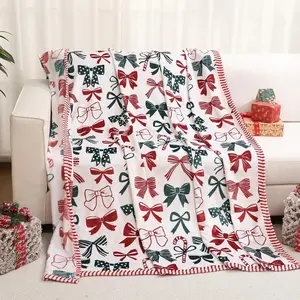 Christmas Bow Print Flannel Blanket, Thick Warm Coral Fleece Throw, Home Sofa Nap Blanket, Essential Winter Must-Have