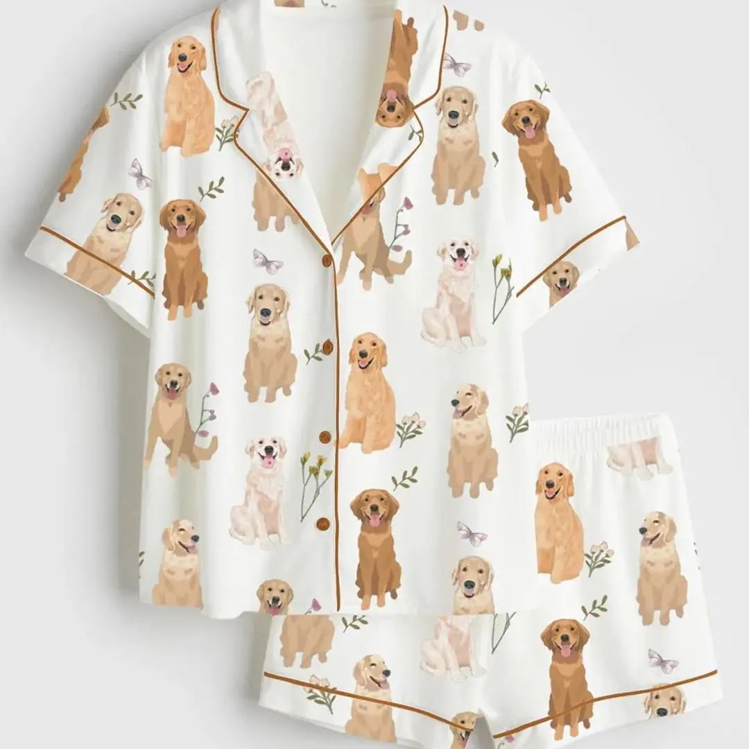 Women’s Golden Retriever Cottagecore Short Sleeve Satin Pajama Set Hot Summer (no pocket)