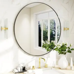 BEAUTYPEAK 24 Inch Round Mirror, Black Metal Frame Circle Mirror, Wall Mirror for Entryway, Bathroom, Vanity, Living Room, Circle Mirror, Black