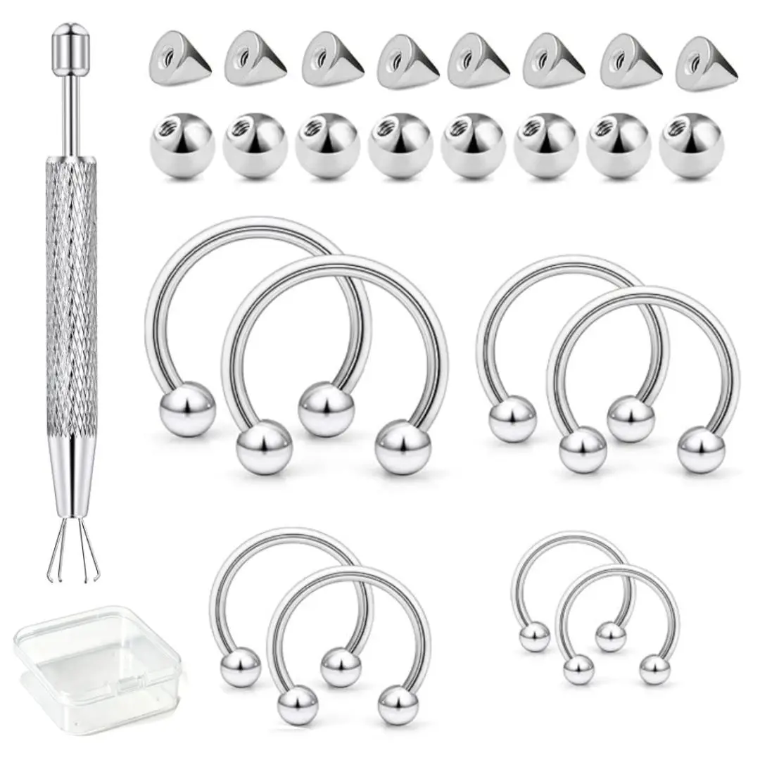 Stainless Steel Nose Rings Set - 26-Piece Septum Piercing Jewelry Kit with Horseshoe Rings, Replacement Balls, Conical Accessories, Grasping Tool, Storage Box for Daily Wear