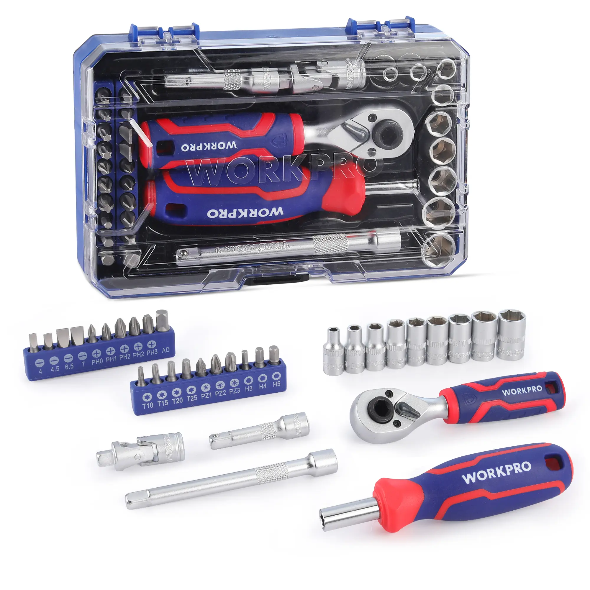 #fathersdaygift WORKPRO 34-Pack 1/4" Drive Mini Socket Ratchet Wrench Set, Screwdriver Bit Set, Dual Socket & Bit Head Ratchet, Magnetic Driver, Metric Sockets, Storage Case