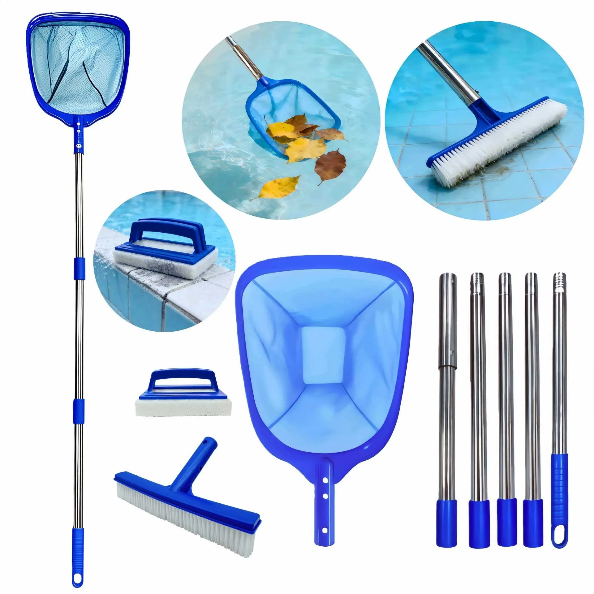 Pool Cleaning Brush Set, Pool Skimmer Net, Leaf Remover, Stain Scrubber, Complete Pool Maintenance Kit, Essential Swimming Pool Tools, Pool Cleaning Equipment, Pool Supplies, Swimming Pool Accessories