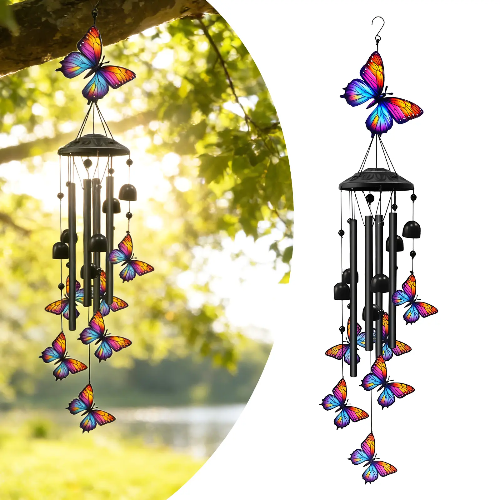 Outdoor Butterfly Wind Chimes, Hanging Wind Bells with  metal   Tubes & Bells, Butterflies Gifts for Memorial & Holiday