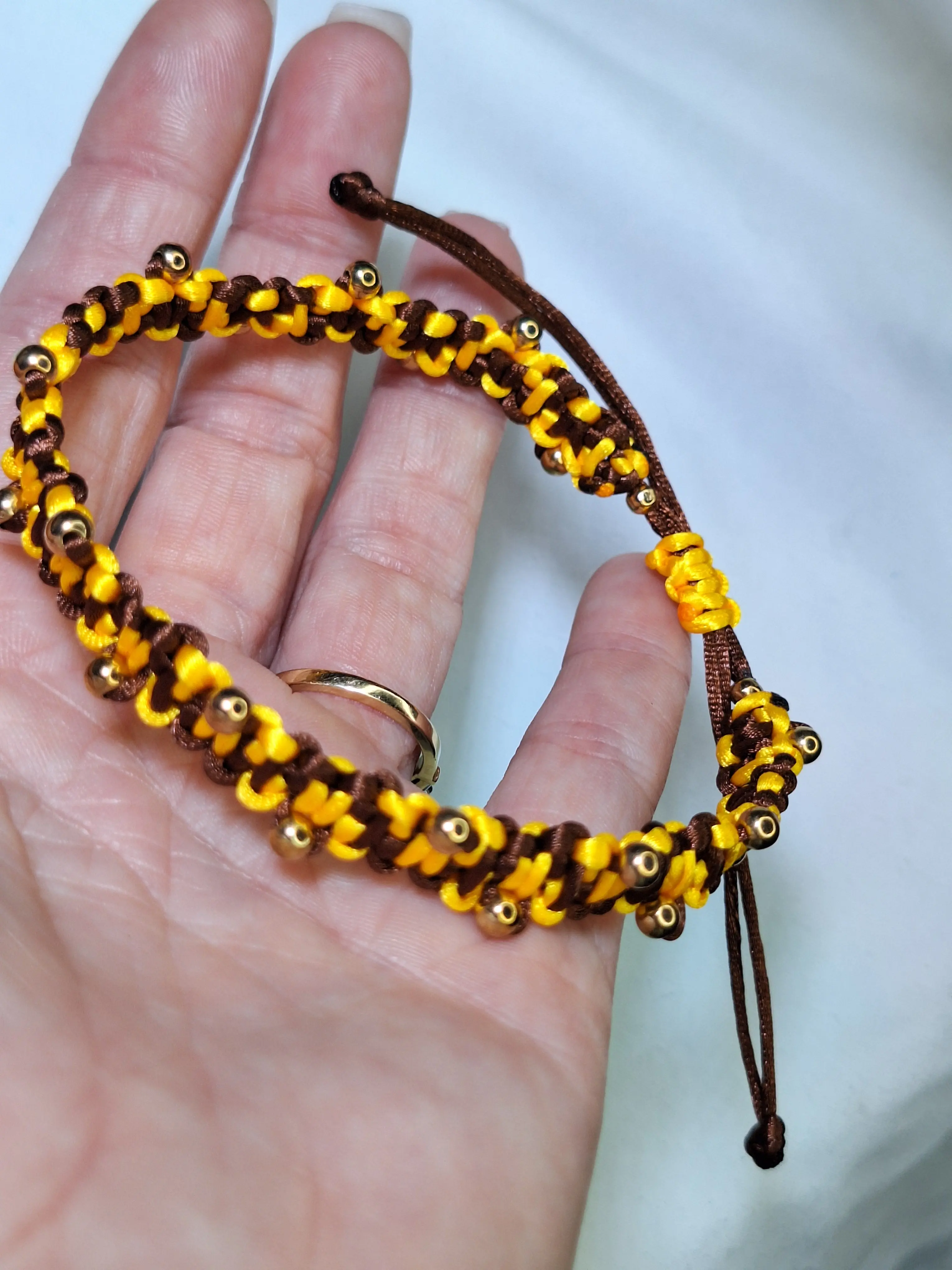 Handmade Sunflower Anklet - Brown Yellow Cord with Golden Beads
