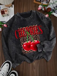 Women's Casual Cotton Long Sleeve Pullover, Vintage Leopard Cherry Graphic Print, Round Neck Fitted Sweatshirt for Fall & Winter