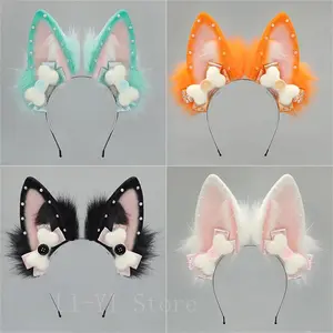 Handmade Kitsune Ears Headband with Bowknot Plush Fox Ears Hairband for Lolita Furry Cosplay Anime Costume Accessories