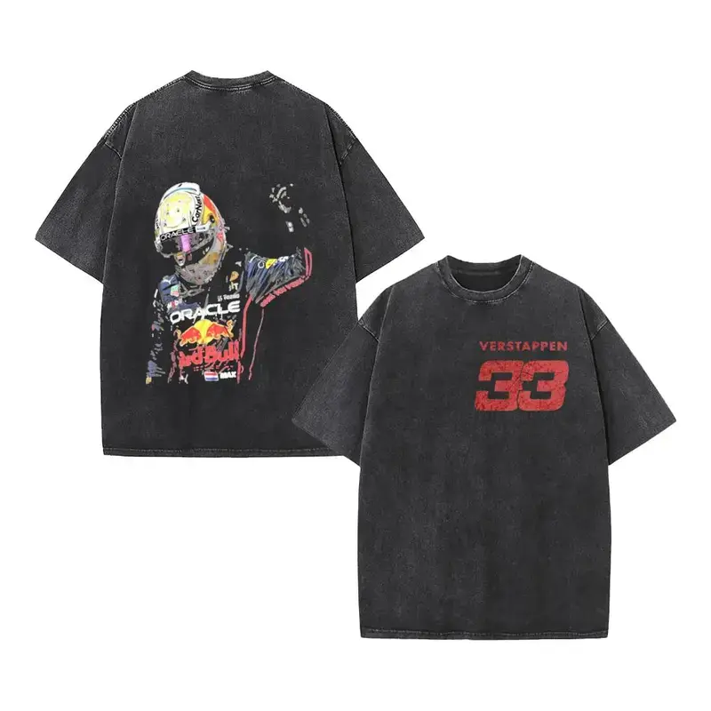 Men's Racing Style Round Neck Black Cotton-Blend T-Shirt - Max Verstappen 33 Red Bull F1 Driver Graphic, Vintage Wash, Ribbed, Stitch, Seamless, Classic Stylish Menswear Clothes for Day Motorsport Fans, Black T-Shirt