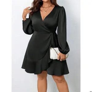 Neck - V Overlapping Color s Size Plus tiktok Clasi Women ' Solid Lantern Sleeve Side Tied Satin Dress Casual Wear Basic