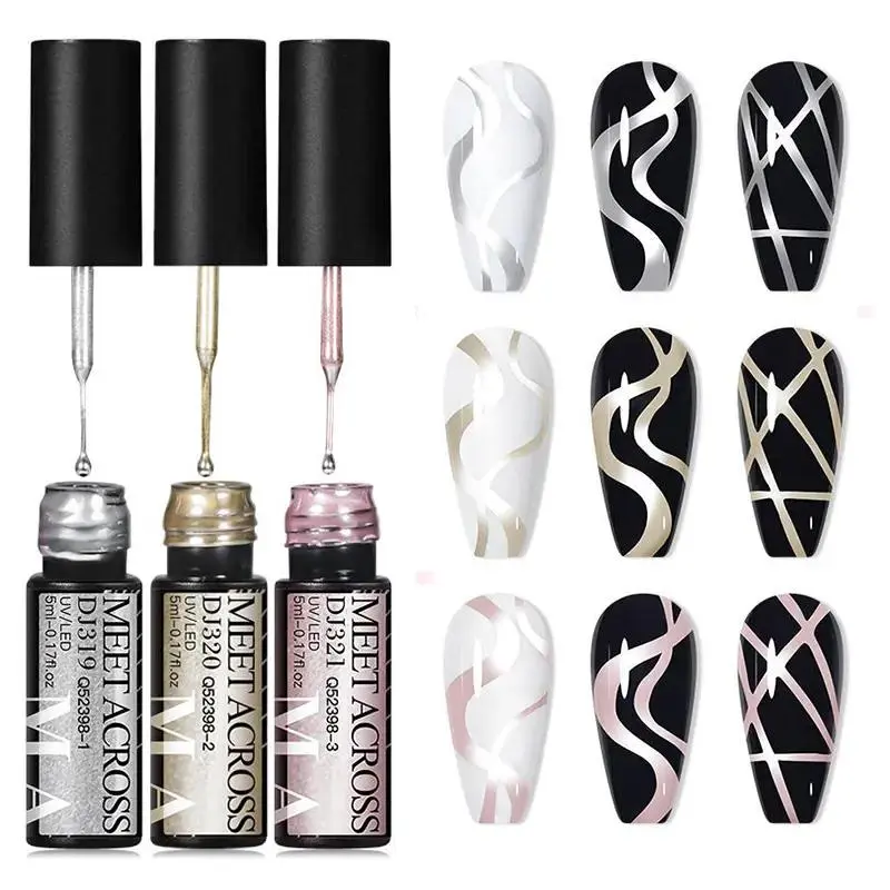 Metallic Painting Liner Gel Set, 3 Counts/set Multi-use Diy Manicure Supplies Nail Art Line Polish, Need Lamp Cure Semi Permanent Lines French Nail, Christmas Gift