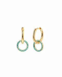 Sami Jewels Turquoise Circle Charm Huggie Earrings, Small Hoop Earrings, Huggie Hoop Earrings, Fashionable Earring, Double Hoop Earring, 925 Sterling Silver, 14K Gold Plated Earrings for Women