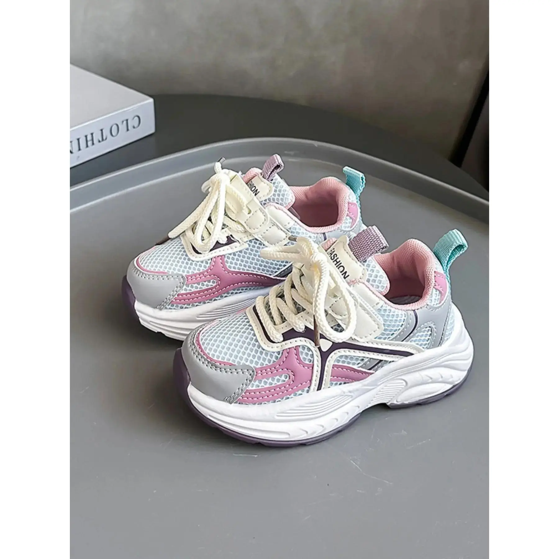 Fashion Colorblock Casual Trainers Shoes for Girls, Breathable Mesh Thick Sole Dad Shoes for Boys, Daily School Wear Training Footwear