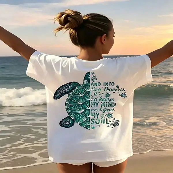 Women's Summer Beach Vacation Loose Short Sleeve T-Shirt, Ocean Turtle Graphic Print Casual Oversized Tee