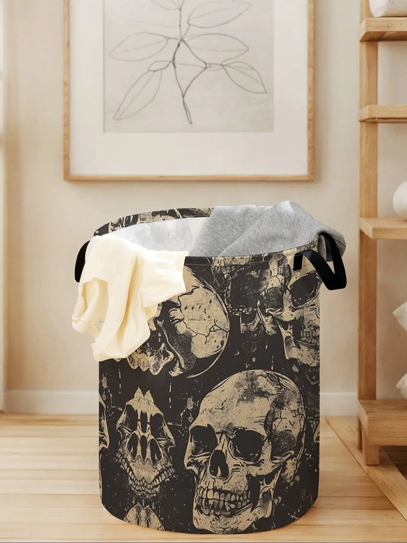 Skull Print Laundry Basket with Handle, Durable Foldable Clothes Storage Bin, Large Capacity Toy Organizer for All Seasons, Collapsible Laundry Hamper, Dirty Clothes Basket, Collapsible Storage Baskets