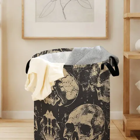 Christmas Dirty Laundry Basket, Skull Print with Handle, Durable Foldable Storage Bag, Large Capacity, Toy Organizer, Ideal for Travel, Dirty Clothes Hamper