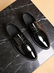 Men's Glossy Crocodile Pattern Business Leather Shoes, Lace-Up Pointed Toe Commuter Shoes, British Style Wedding Shoes, All-Season Office Work Shoes