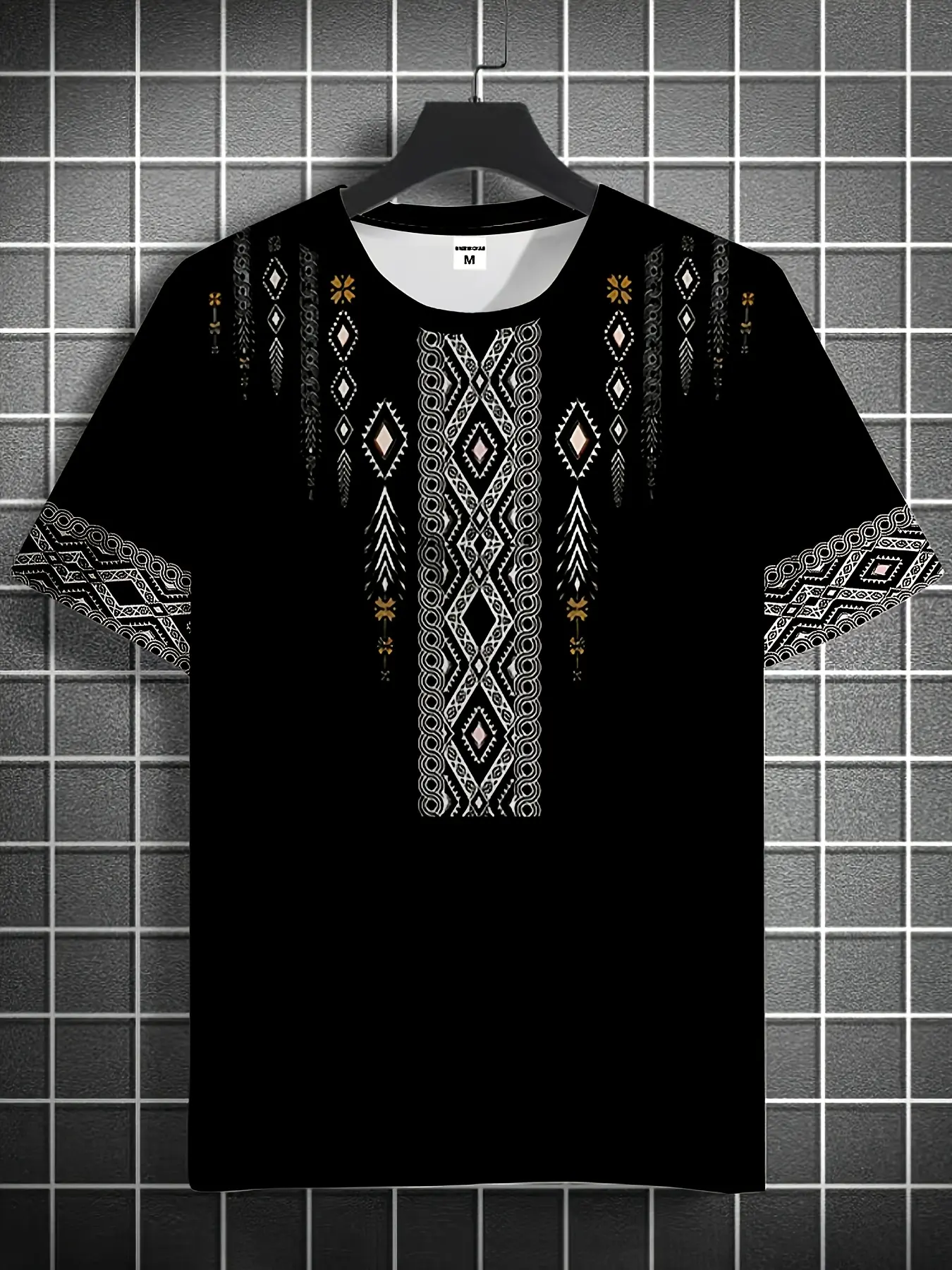 Men'S Tribal Printed Short Sleeve T-Shirt - Fashionable Round Neck Geometric Mosaic Design, Suitable for Casual Outings And Spring/Summer Wear, Outdoor Clothing |    Top