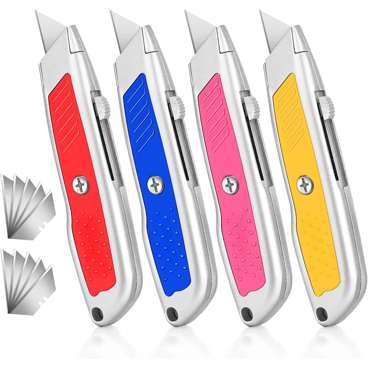 4 Pack Box  Retractable, Heavy Duty Box  with 10 Extra Utility , Comfortable Utility  Retractable for Work,  ,  Box Cutters for Cardboard, Package Opener