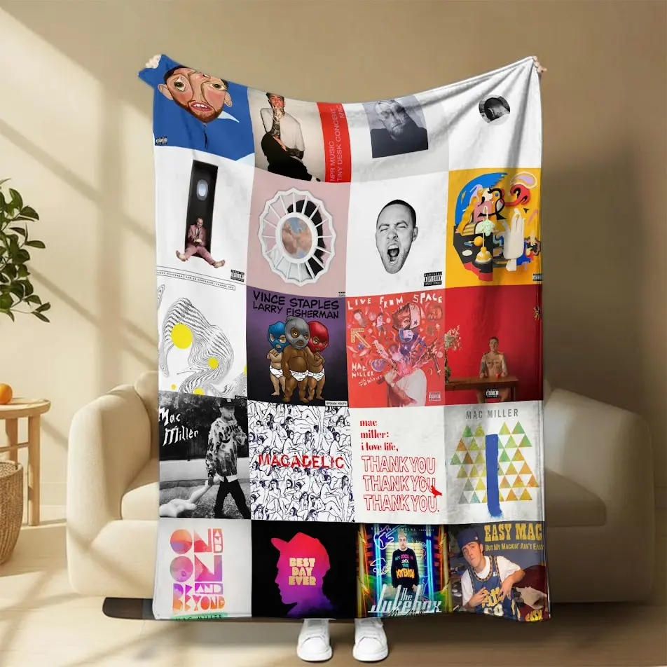 Macc Miller Discography Album Art Printed Throw  Breathable Soft Rapper Music Collage Fleece  Machine Washable Bedroom Decor  for Fans Christmas Print Flannel  pr flag halloween Tree Pattern Blanket happy birthday  christmas  cozy comfortable