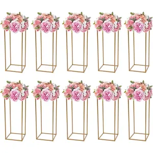 10Pcs Wedding Flower Centerpiece,Centerpieces for Table Wedding,Flower Stand for Wedding,Gold Vase Metal Column Stand,Rectangular Geometric Flower Rack for Party Decoration (23.62Inch Gold)