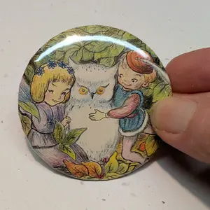 Pin Button Fairy White Owl Vintage Childrens Book Image