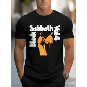 New Men's Black Sabbath Graphic T-Shirt - Casual Round Neck, Machine Washable, All-Over Print Tee with "SABBATH VOL. 4" Design, Regular Fit for Casual Attire