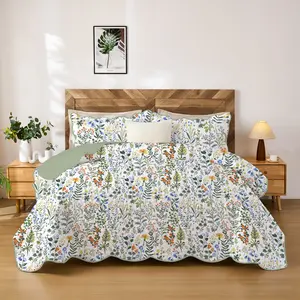 Forest-Style Lightweight Quilted Thin Comforter, Scalloped Edge Bedspread, Rustic Farmhouse Bedding Set (King / Queen size includes 2 pillowcases, Twin size includes 1 pillowcase)