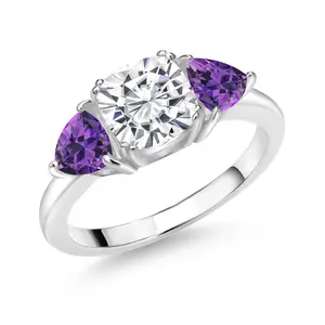 Gem Stone King 2-3 Cttw White Moissanite and Gemstone Birthstone 3-Stone Engagement Ring for Women | 925 Sterling Silver | 7MM Cushion and 5MM Trillion  | Available In Size 5, 6, 7, 8, 9