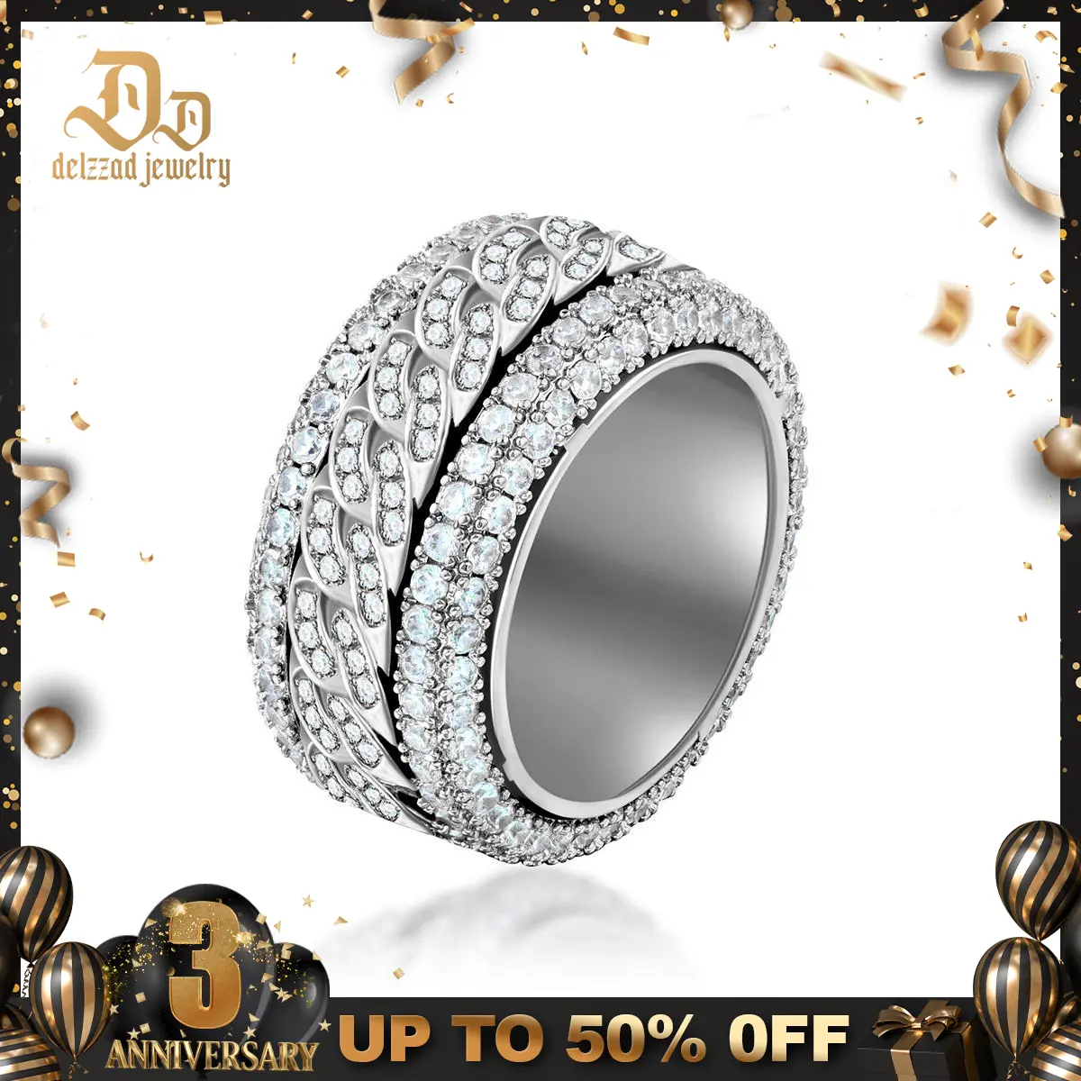 Delzzad Unisex Rotatable Layered Iced Ring Cuban Ring VVS Synthetic Moissanite S925 Band Perfect for Any Occasion & Everyday Wear Lover Birthday Anniversary Christmas Gifts