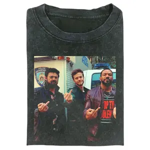 The Boys Trio Graphic T-Shirt, Butcher Hughie MM Rebel Pose Street Photo Print, Unisex Streetwear Tee For Superhero Series Fans, Retro Dark Humor Outfit