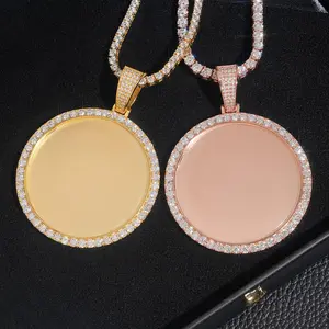 9.2.5 Moissanite 68.5MM  Edium Round Plated Memory Medallions Charms Custom Picture Pendant Necklace for Men Hip Hop Jewelry Large Size Photo Pendant Jewellery Outdoorfun Valentine's Day Gift Fathersdaygift