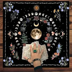 Mysterious Moon Botanical Sun Flower Surround Tarot Rectangle Tablecloth, Tarot Card Witchcraft Astrology Divination Board, Gift Packaging Supplies, Halloween