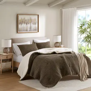 360 Stand Riordan Waffle Knit Chenille Comforter Set - Full & Queen Size, 90x90x1.5in Brown Neutral Tone, Polyester Fill, Machine Washable, for Full Size Bed, Farmhouse Bedding Accessory