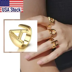 Gold Color 26 Letters Opening Ring Hollow Initials Name Adjustable Finger Rings For Women Trendy Jewelry Gift