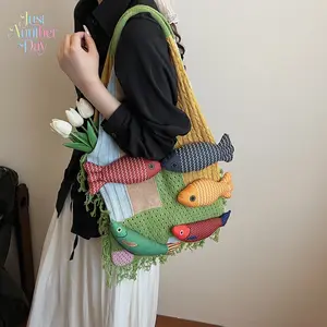 Boho Knit Fish Patchwork Tote Bag Handmade Crochet Shoulder Bag with 3D Plush Fish Decor and Tassels Large Capacity Casual Tote for Women Beach and Daily Wear
