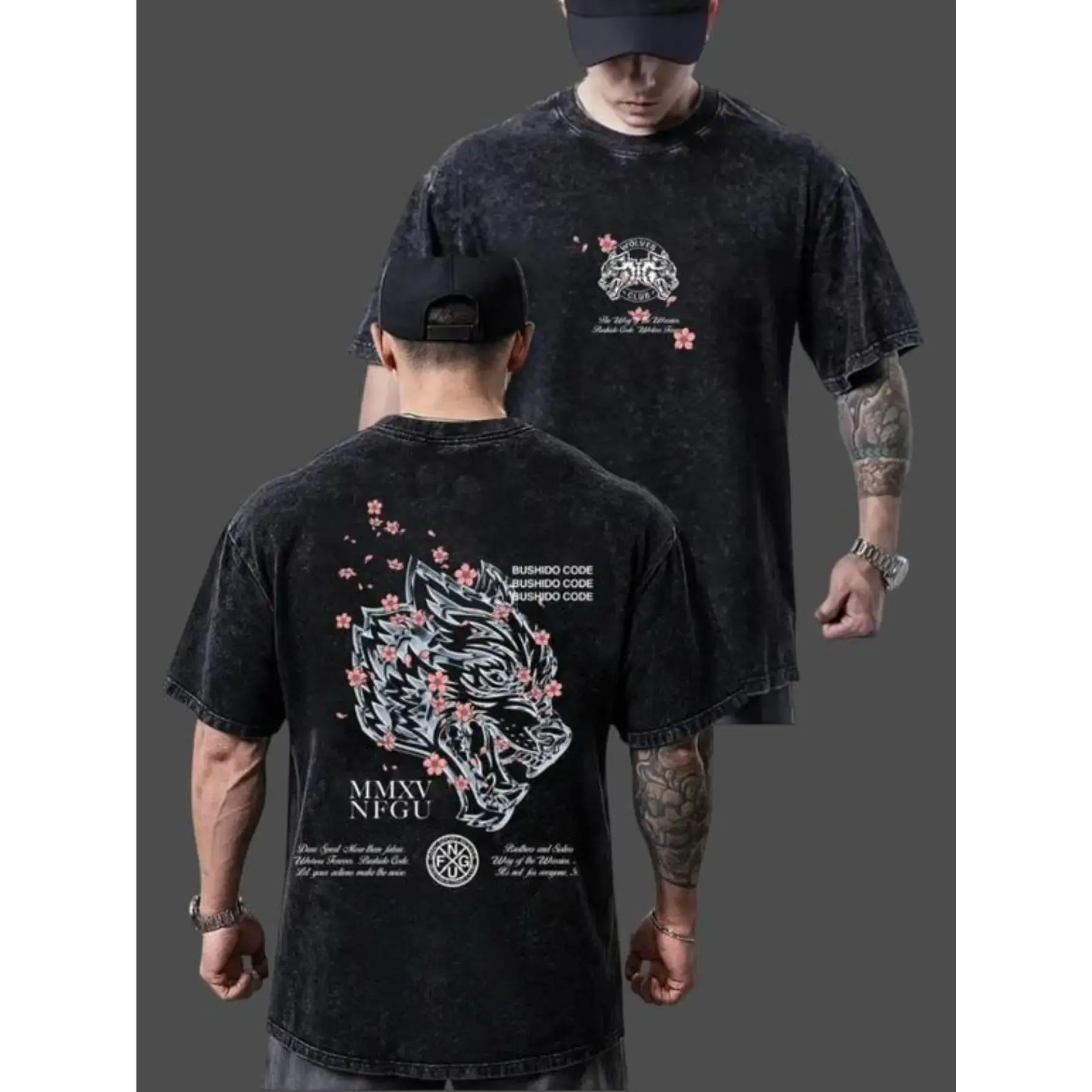 Men's Tropical Short-Sleeve Vintage Washed Graphic T-Shirt - Heavyweight Cotton Crew Neck with Wolves & Cherry Blossoms, Retro Loose-Fit Menswear Tops for Male Clothing Gym Use, Shortsleeve